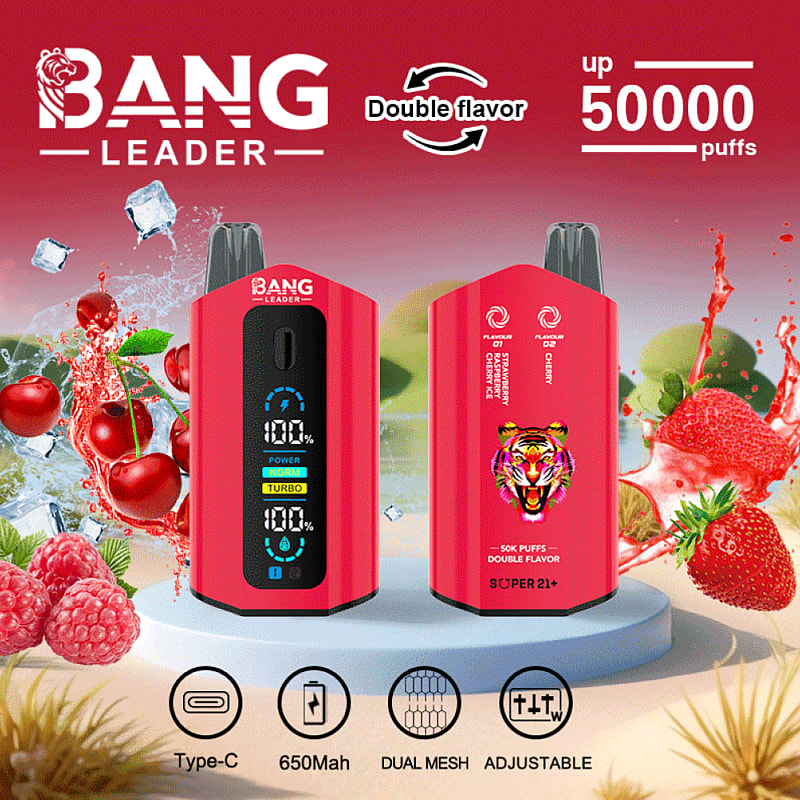Bang Leader 50K Puffs Vape har dubbla smaker, 650 mAh batteri, dubbel mesh-spole, justerbar effekt, Type-C-laddning och en displayskärm.