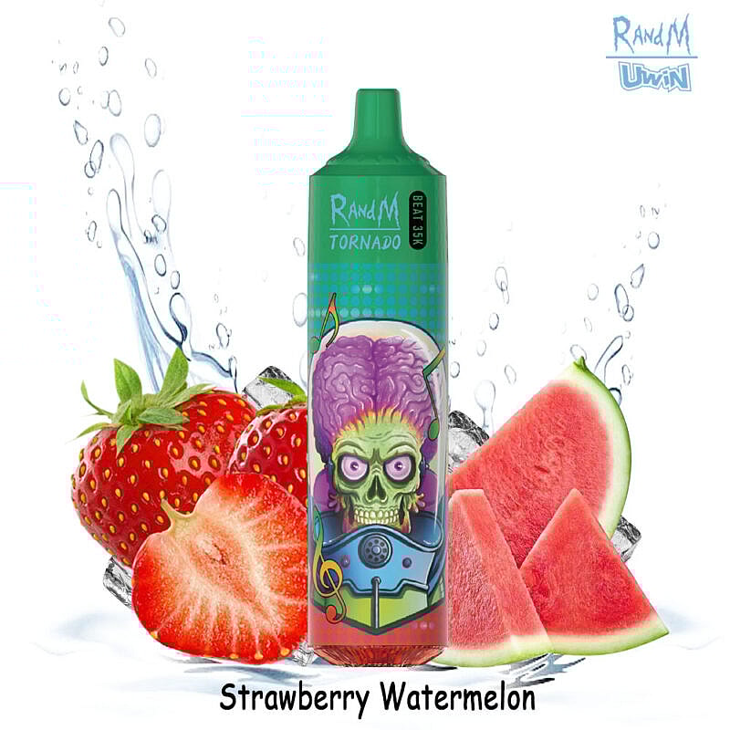 RandM Tornado vape with a colorful design featuring a skull and brain, surrounded by images of strawberries, watermelons, and splashes of water, labeled "Strawberry Watermelon".