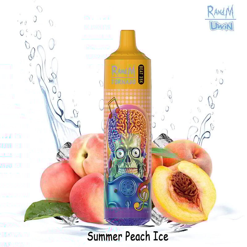 Colorful vape pen with a funky alien face design, surrounded by fresh peaches and splashing water, labeled 'R and M Tornado' and 'Summer Peach Ice'.