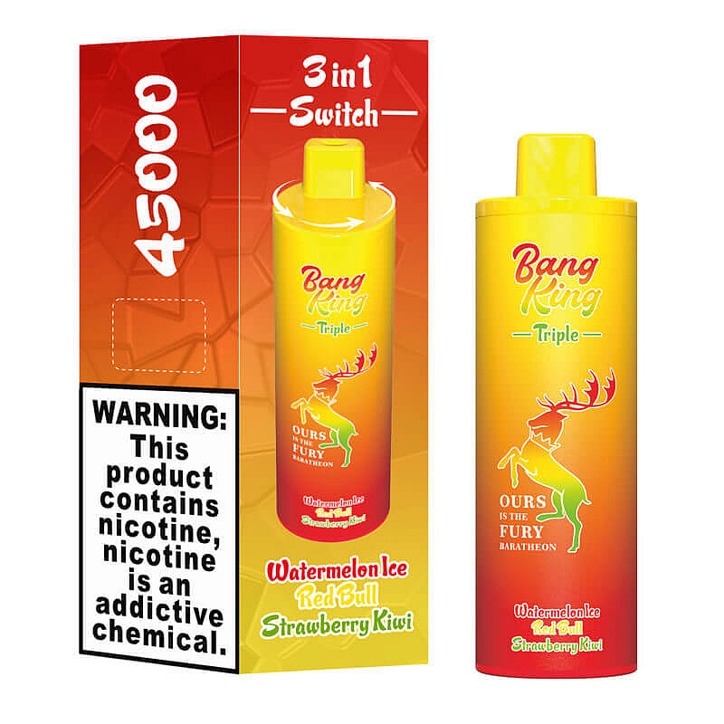 A product image of the Bang King Triple vaping device package and device, featuring flavors Watermelon Ice, Red Bull, and Strawberry Kiwi, with warning text stating it contains nicotine, an addictive chemical.