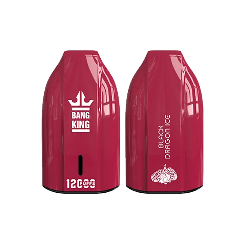 Two red Bang King disposable vape devices, displaying the 'Bang King' logo and 'Black Dragon Ice' flavor text, with a sleek, rounded design and shiny surface.