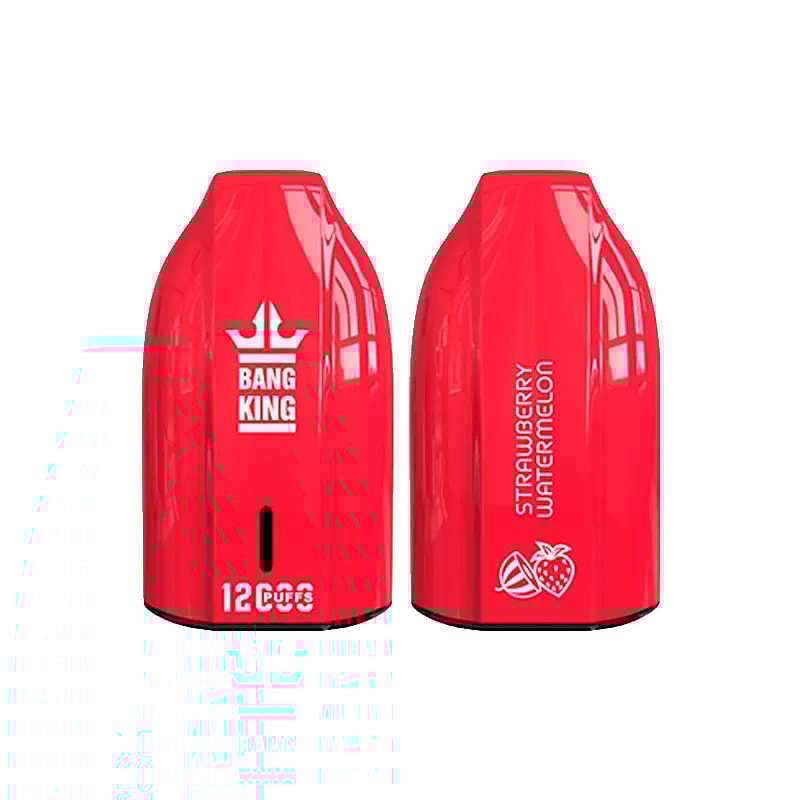 Two red Bang King e-cigarette pods labeled 'Strawberry Watermelon,' one showing the logo and the other the flavor graphic.