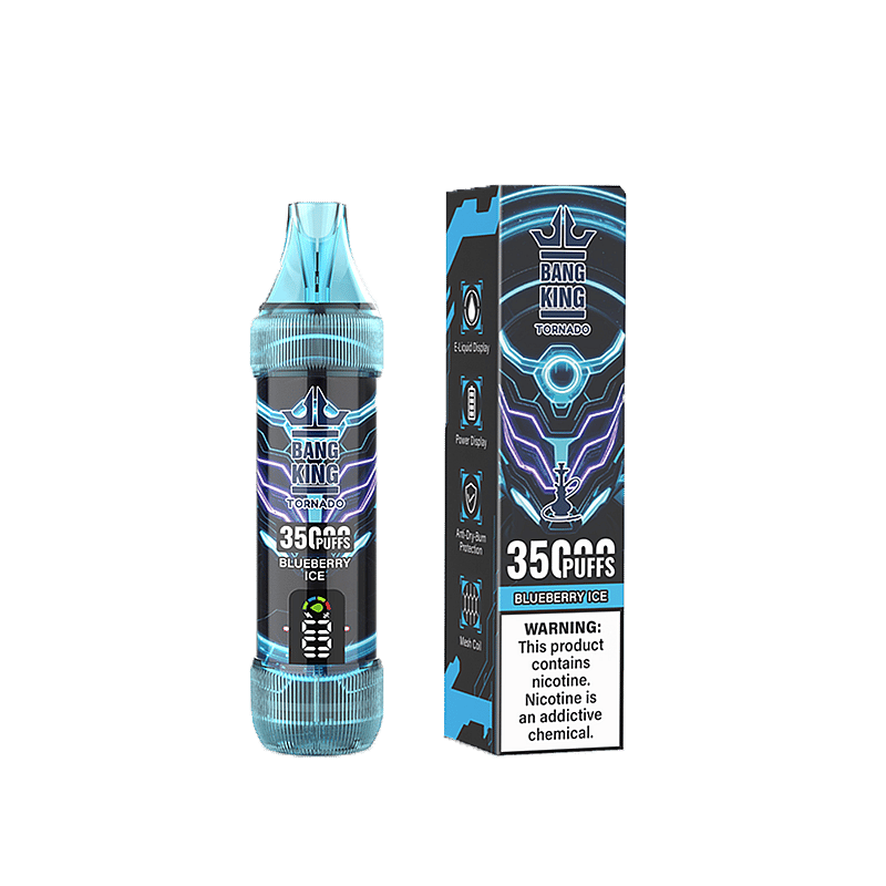 En Bang King Tornado Blueberry Ice engångsvapeapparat och dess förpackning, tydligt märkt med '3500 Puffs' och varning om att nikotin är en beroendeframkallande kemikalie.
