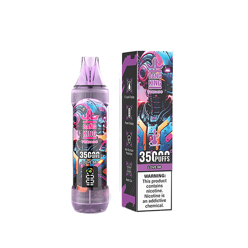 En Bang King Tornado vape-enhet och dess förpackning, märkt '35 000 Puffs' med en färgstark design och hälsovarningar om nikotin.