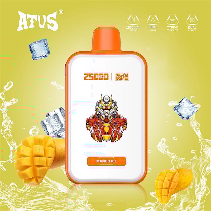 Reklambild av en vape-enhet med orange kant med en robotillustration och smaken "Mango Ice", omgiven av mangobitar, isbitar och vätskestänk, med ikoner som anger batterikapacitet, e-vätskevolym och andra funktioner.