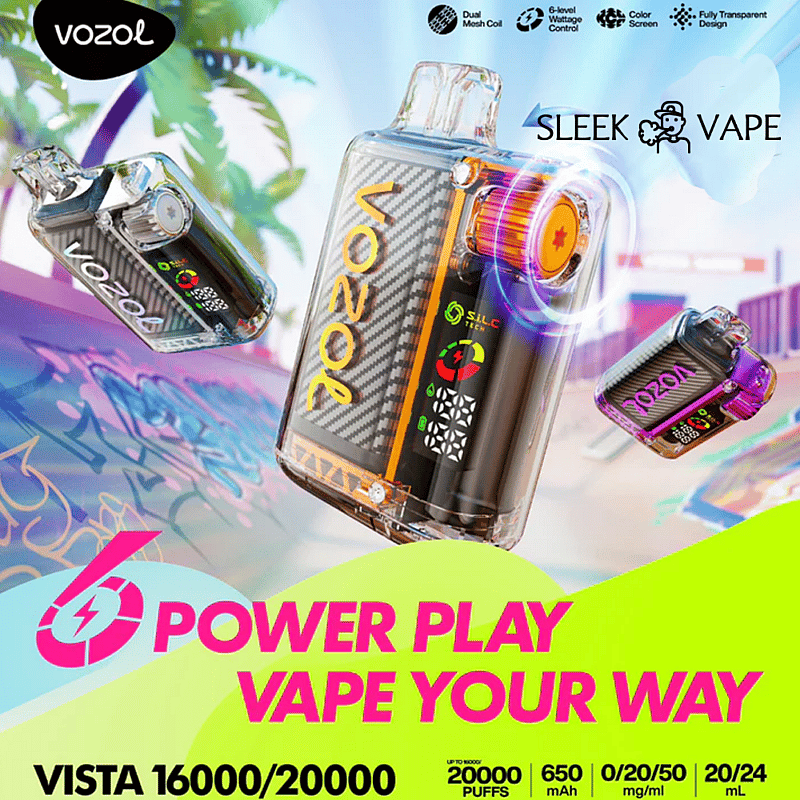 Promotional image for Vozol rechargeable vaping devices, showcasing sleek transparent designs with bright colors and advanced features like adjustable wattage and a digital display, set against a tropical-inspired artistic background.