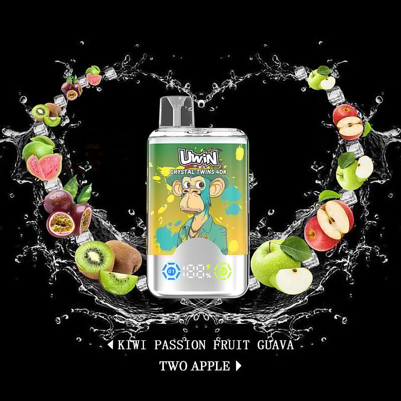 Un'immagine promozionale che mostra un dispositivo per svapare chiamato 'UWIN Crystal Twins 40K' con un'illustrazione artistica di una scimmia sulla confezione verde, circondata da uno schizzo d'acqua e un arco di frutti colorati tra cui kiwi, guaiave, frutti della passione e mele. Di seguito sono elencati i gusti 'Kiwi Passion Fruit Guava' e 'Two Apple'.