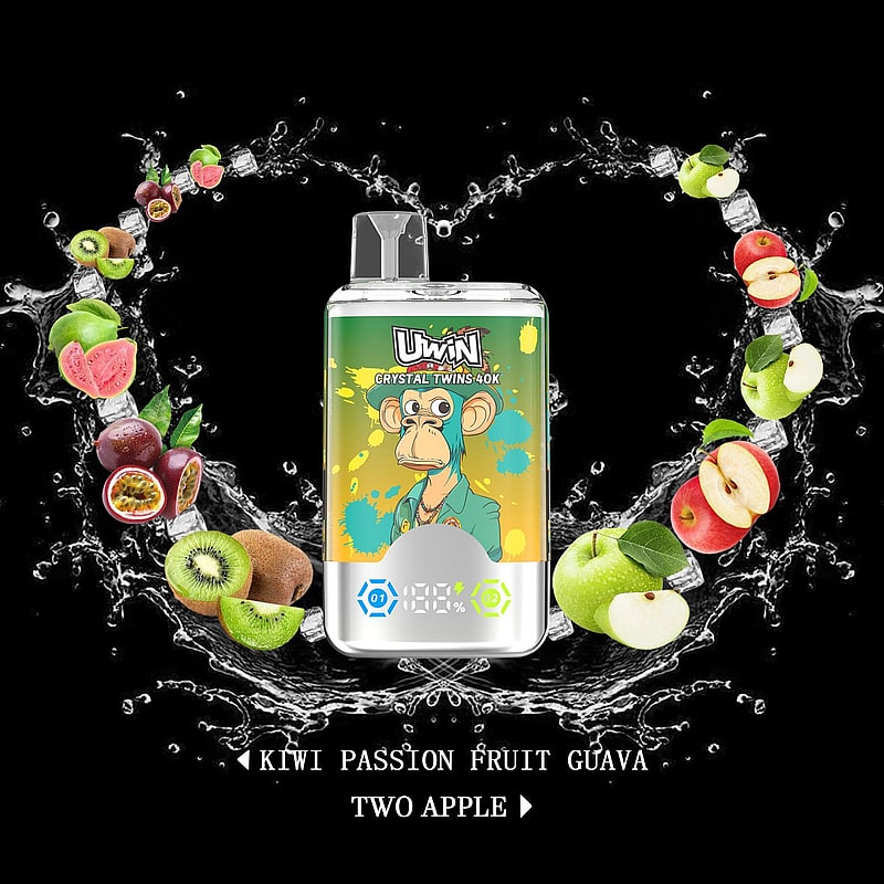 Un'immagine promozionale che mostra un dispositivo per svapare chiamato 'UWIN Crystal Twins 40K' con un'illustrazione artistica di una scimmia sulla confezione verde, circondata da uno schizzo d'acqua e un arco di frutti colorati tra cui kiwi, guaiave, frutti della passione e mele. Di seguito sono elencati i gusti 'Kiwi Passion Fruit Guava' e 'Two Apple'.