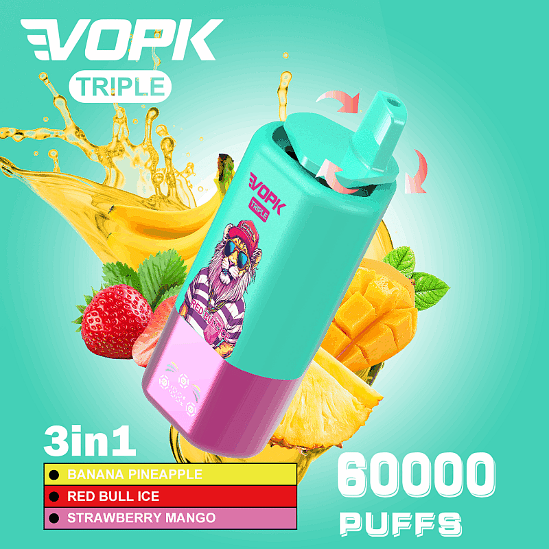 Imagen promocional que presenta un colorido vaporizador VOPK Triple con una capacidad de 60.000 bocanadas, que ofrece sabores como piña banana, hielo Red Bull y mango fresa, con ilustraciones de frutas y elementos de diseño vibrantes.