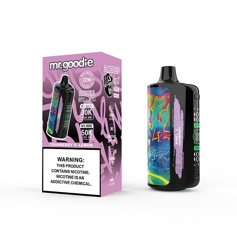 En förpackad vapinganordning märkt 'Mr. Goodie' bredvid enheten med levande konstverk och detaljer som justerbara lägen och varning för nikotininnehåll.