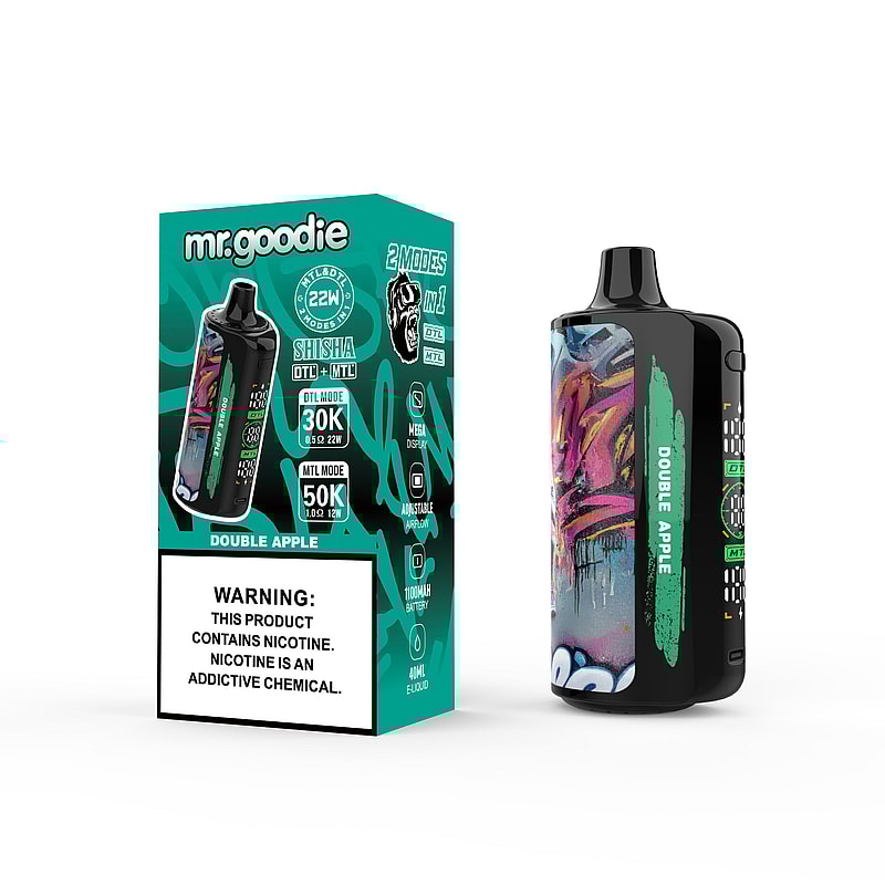 En elegant svart vaping-enhet märkt "Double Apple" tillsammans med dess färgglada märkesförpackning med produktdetaljer och en nikotinvarning.