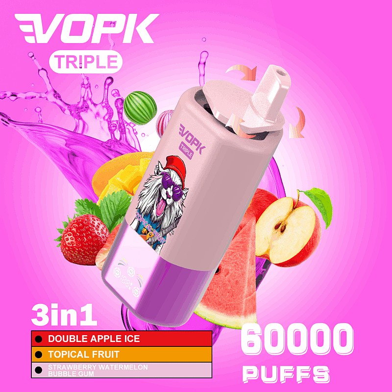 Imagen promocional del vaporizador VOPK Triple que muestra sabores como Double Apple Ice, Tropical Fruit y Strawberry Watermelon Bubble Gum con un fondo colorido de ilustraciones de frutas y aspectos destacados de la marca, como una capacidad de 60 000 bocanadas.