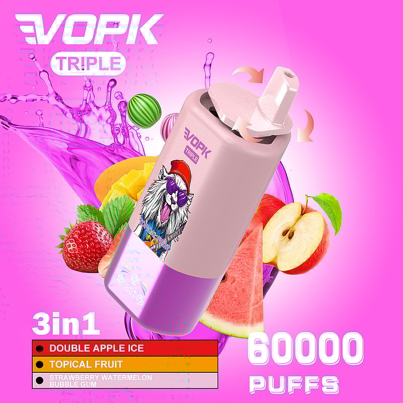 Imagen promocional del vaporizador VOPK Triple que muestra sabores como Double Apple Ice, Tropical Fruit y Strawberry Watermelon Bubble Gum con un fondo colorido de ilustraciones de frutas y aspectos destacados de la marca, como una capacidad de 60 000 bocanadas.