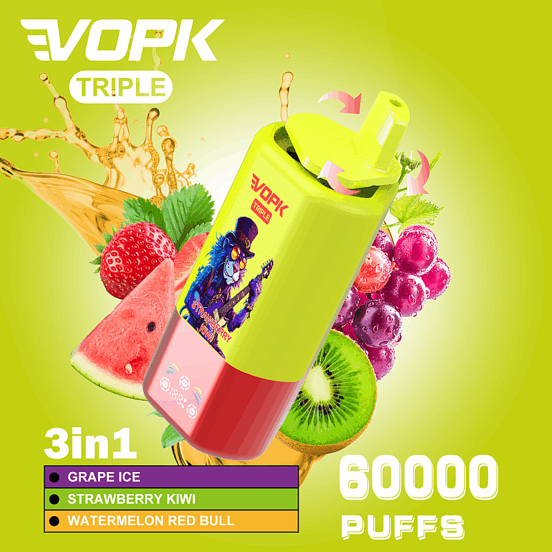 Imagen promocional del vaporizador 3 en 1 Vopk Triple con sabores Grape Ice, Strawberry Kiwi y Watermelon Red Bull, que ofrece 60.000 bocanadas y frutas coloridas sobre un fondo verde vibrante.