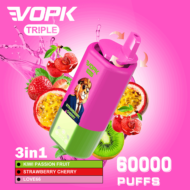 Imagen promocional del dispositivo de vapeo VOPK Triple con sabor a fresa y cereza, que muestra opciones 3 en 1, rodeado de frutas como fresas, maracuyá y kiwi, con texto que indica 60.000 bocanadas y un personaje de dibujos animados de un león en el dispositivo.