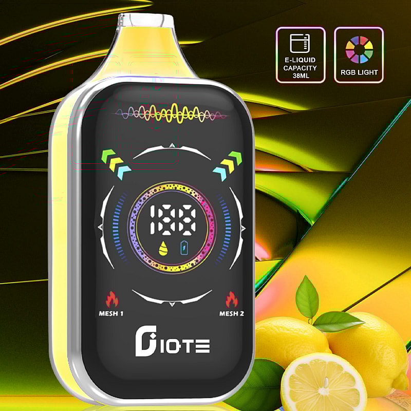 Elektronisk vaping-enhet med en elegant svart och gul design med en LCD-skärm och RGB-ljus, placerad mot en levande bakgrund med citroner i förgrunden.