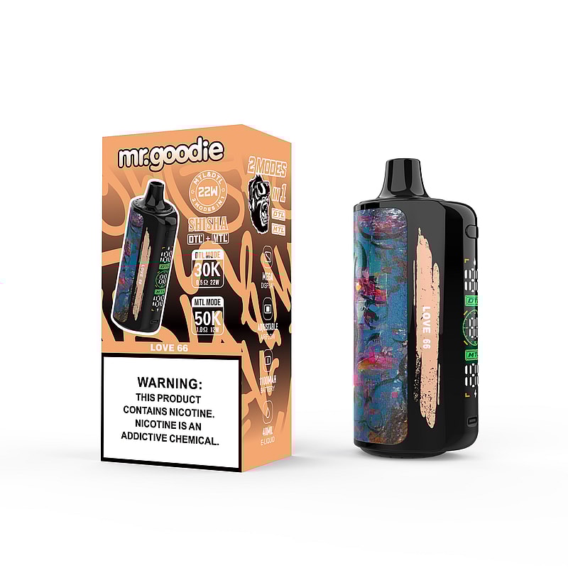 Bild som visar en Mr. Goodie vape-enhet och dess förpackningslåda, med en färgglad abstrakt design, produktspecifikationer och en nikotinvarningsetikett.