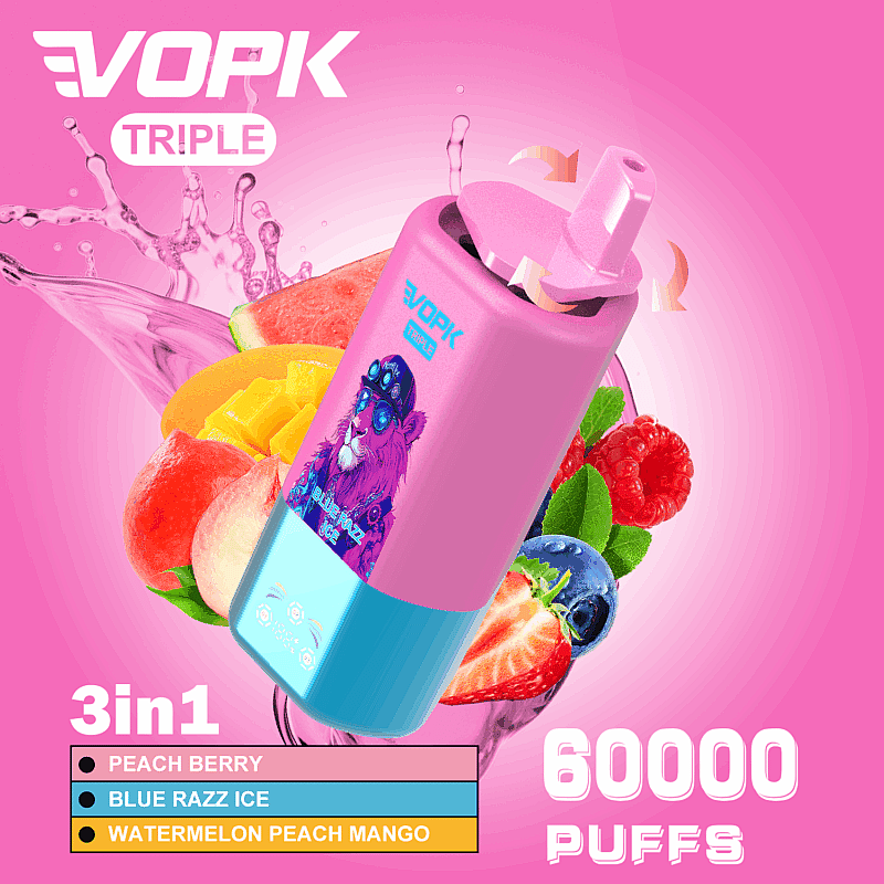 Imagen promocional del dispositivo de vapeo VOPK TRIPLE en color rosa y azul con marca, opciones de sabor (Peach Berry, Blue Razz Ice, Watermelon Peach Mango), imágenes de frutas y texto que resalta una capacidad de 60000 bocanadas sobre un fondo rosa vibrante.