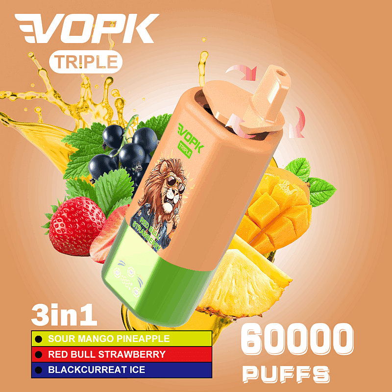 Una imagen promocional de un vaporizador VOPK Triple con un diseño colorido con ilustraciones de frutas, incluidos mangos, piñas, fresas y grosellas negras, etiquetado como capaz de proporcionar 60 000 bocanadas con tres sabores: piña y mango agrio, fresa Red Bull y hielo de grosella negra.