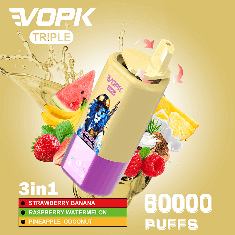 Imagen promocional de un dispositivo de vapeo electrónico Vopk Triple que muestra sus opciones de sabor 3 en 1: Fresa Plátano, Frambuesa Sandía y Piña Coco. Incluye frutas vibrantes y una capacidad de 60.000 caladas, con una ilustración de un personaje de estilo steampunk.