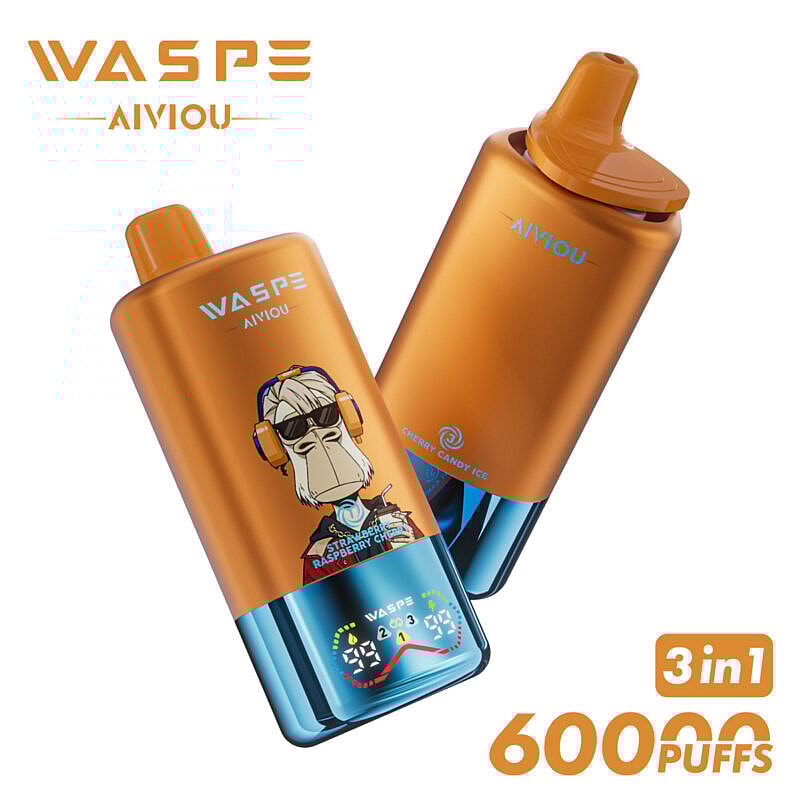 Zwei orange-blaue WASPE AIVIOU-Vape-Geräte mit einem Cartoon-Hund mit Sonnenbrille und Kopfhörern, die für Geschmacksrichtungen wie „Cherry Candy Ice“ werben und 60.000 Züge bieten.