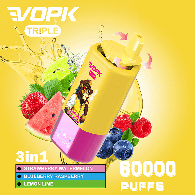 Imagen promocional del dispositivo VOPK Triple que muestra su capacidad de 60,000 bocanadas, tres opciones de sabor (fresa y sandía, arándano y frambuesa, limón y lima) y un diseño vibrante con una ilustración de un león con un tema amarillo y rosa.