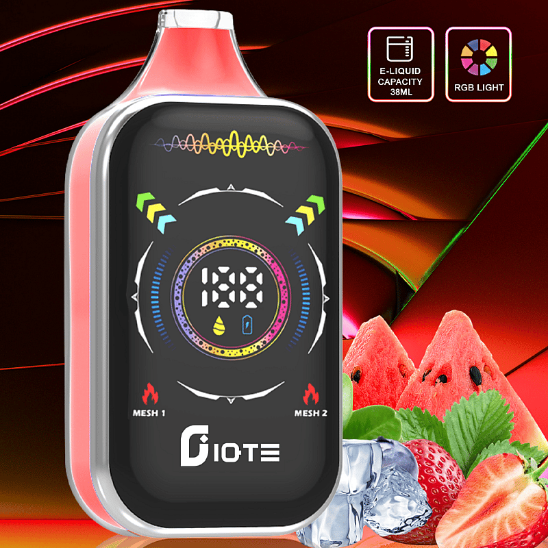Färgglad elektronisk vape-enhet med en digital display, RGB-ljuseffekter, omgiven av illustrationer av vattenmelon, jordgubbar och is på en stiliserad bakgrund.