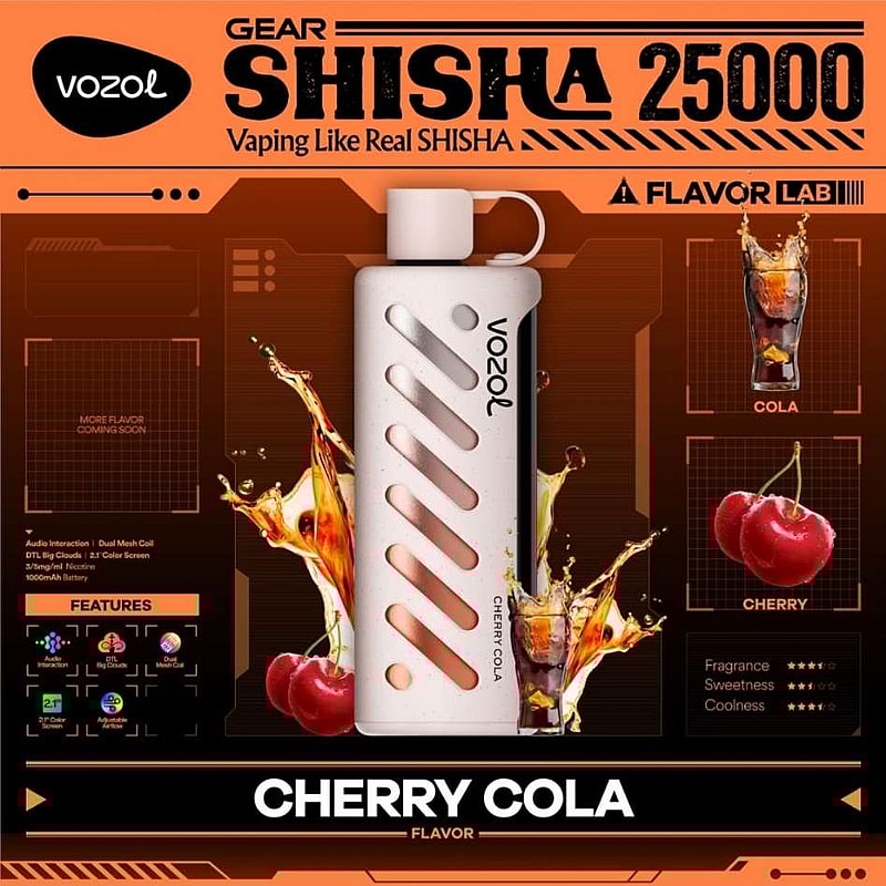 Graphique promotionnel pour la vape Vozol Gear Shisha 25000, mettant en vedette la saveur Cherry Cola avec des images d'une boisson au cola et de cerises, et des caractéristiques du produit comme une bobine à double maille et de gros nuages indiqués.