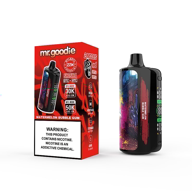 Förpackning och enhet för Mr. Goodie-vapen med vattenmelonbubbelsmak, med röd och svart design med produktdetaljer och varning om nikotininnehåll.
