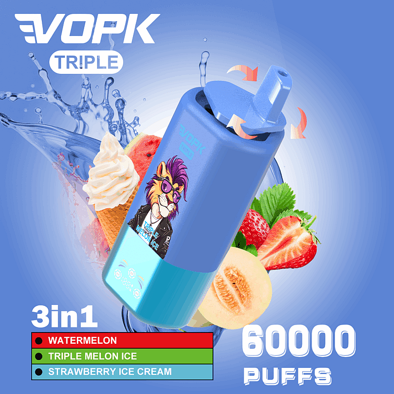 Imagen promocional de un dispositivo de vapeo VOPK Triple 3 en 1 con 60.000 bocanadas con sabores que incluyen sandía, triple melón helado y helado de fresa, que se muestra con ilustraciones de sabores relacionados y un elegante gráfico de león en el dispositivo.