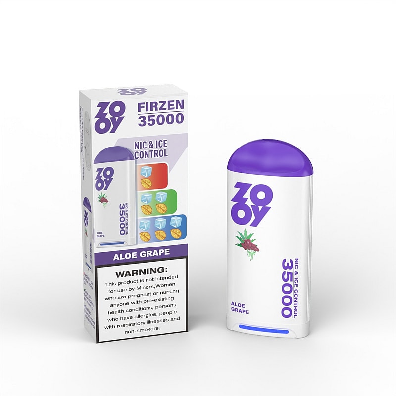 Un dispositivo de vapeo y su caja, con la marca 'ZOOV Firzen 35000' en sabor Aloe Grape con tapa violeta, que cuenta con un sistema de control de nicotina y hielo y advertencias de seguridad en el empaque.