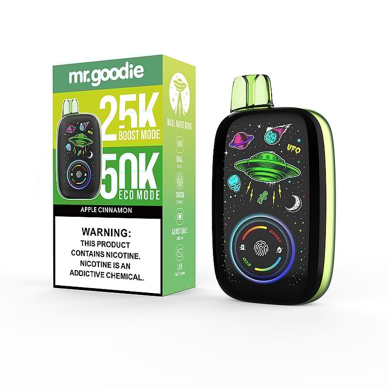 Un dispositivo de vapeo con pantalla digital junto a su caja de embalaje, con ilustraciones de temática espacial con ovnis y planetas en el dispositivo, etiquetado como "mr. goodie" con opciones de modo Boost de 25K y modo Eco de 50K; el embalaje advierte sobre el contenido de nicotina.