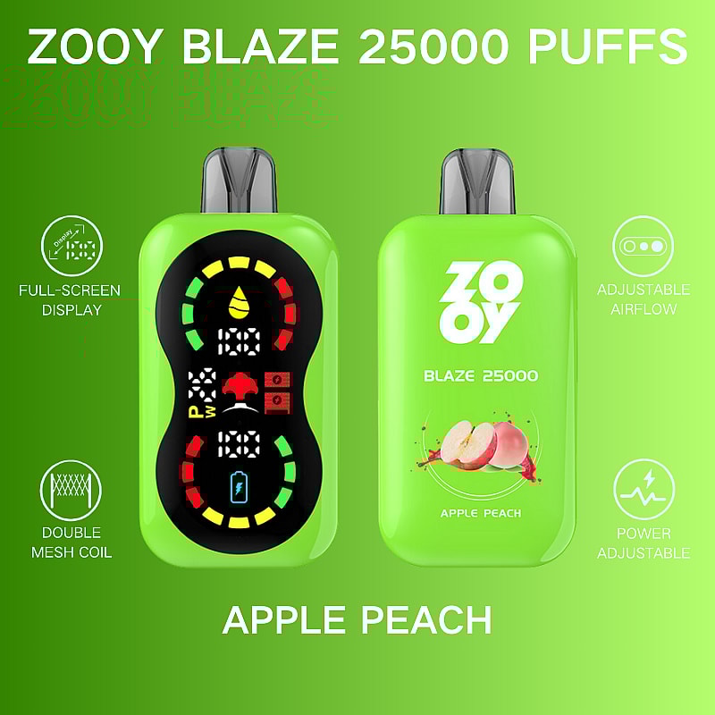 Imagen promocional del dispositivo de vapeo verde Zooy Blaze 25000 Puffs con sabor a manzana y melocotón, que cuenta con una pantalla completa, flujo de aire ajustable, bobina de doble malla y opciones de ajuste de potencia.