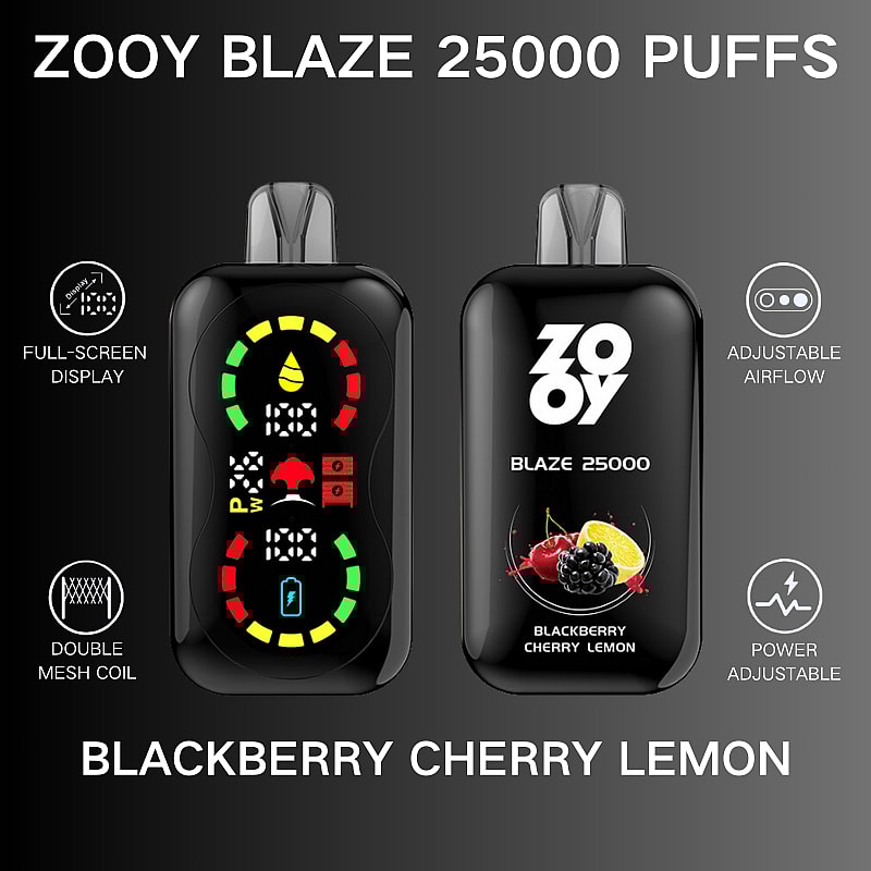 Imagen promocional del dispositivo de vapeo Zooy Blaze de 25000 bocanadas que destaca características como pantalla completa, flujo de aire ajustable, bobina de doble malla, ajuste de potencia y un sabor a mora, cereza y limón.