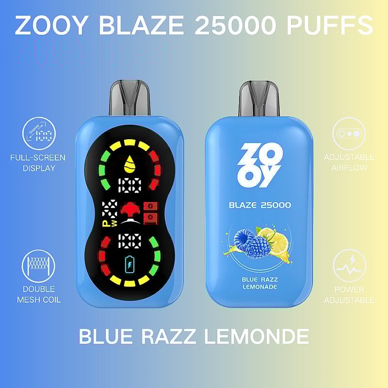 Dos vistas del dispositivo de vapeo desechable ZOOY Blaze 25000 Puffs con pantalla completa y flujo de aire ajustable, con empaque azul brillante marcado para el sabor Blue Razz Lemonade.