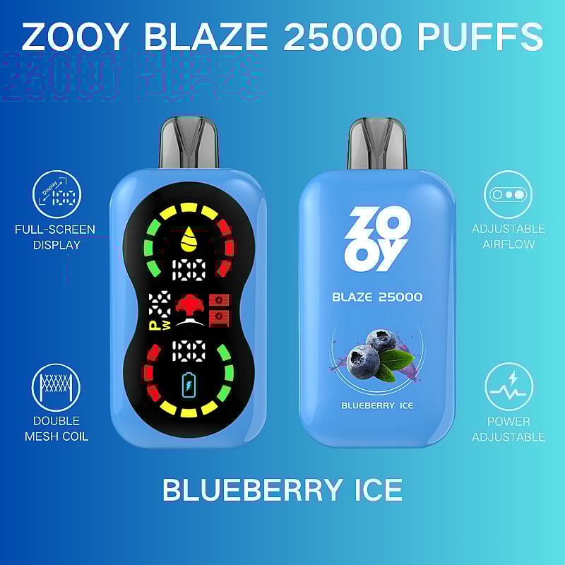 Imagen promocional del vaporizador Zooy Blaze 25000 Puffs con sabor a Blueberry Ice, que muestra una pantalla completa, flujo de aire ajustable, bobina de doble malla y configuraciones de potencia ajustables.
