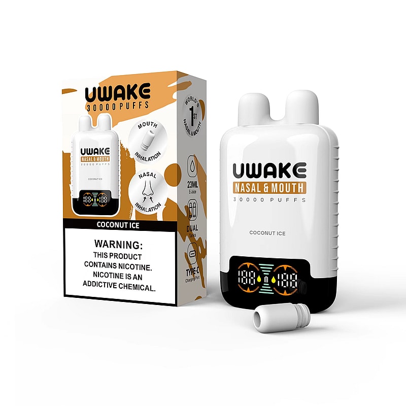 Product image featuring the UWake Nasal & Mouth vape device with coconut ice flavor, alongside its packaging detailing specs like 30,000 puffs, dual inhalation modes, and a health warning about nicotine addiction.