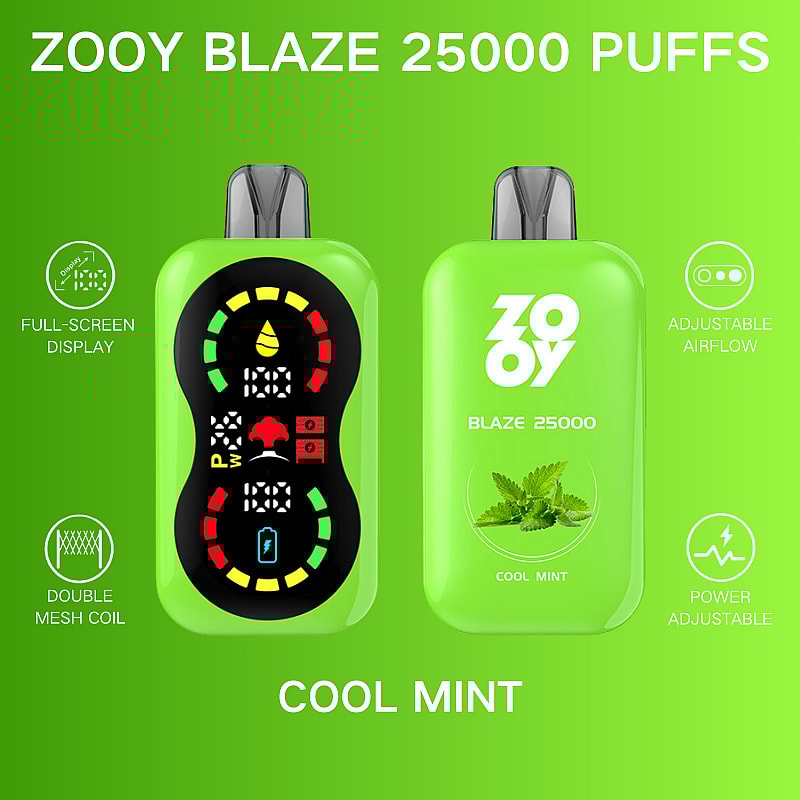 Imagen promocional que muestra el dispositivo de vapeo Zooy Blaze Cool Mint con capacidad para 25,000 bocanadas; las características incluyen pantalla completa, flujo de aire ajustable, bobina de doble malla y ajuste de potencia, todo mostrado sobre un fondo verde.
