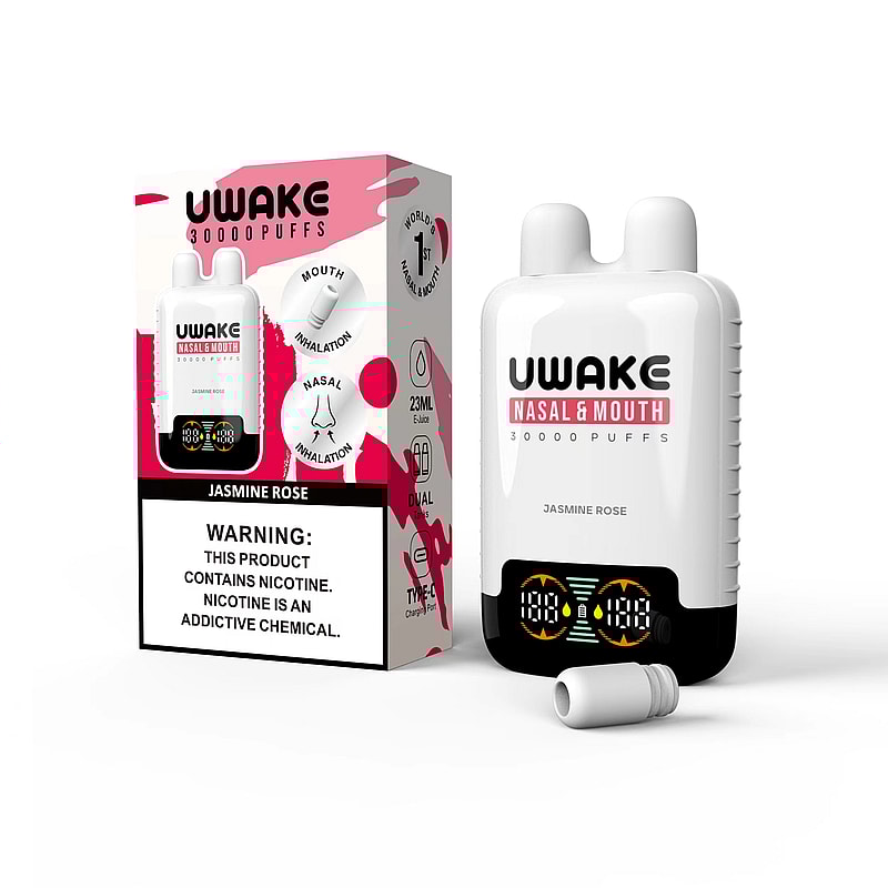 Dual-action vaping device labeled 'UWake Nasal & Mouth' with 30,000 puffs capacity and jasmine rose flavor, beside packaging displaying usage features and nicotine warning.