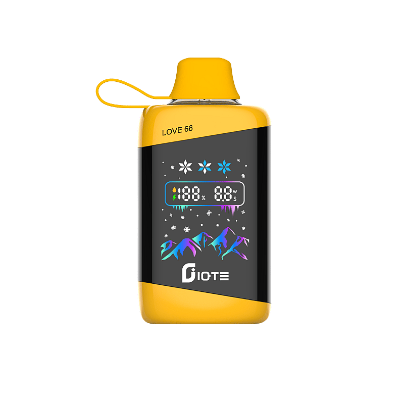 Ein gelbes elektronisches Gerät mit der Aufschrift „LOVE 66“ mit einer bunten Digitalanzeige, die Messwerte und Berggrafiken anzeigt, hergestellt von Giote.