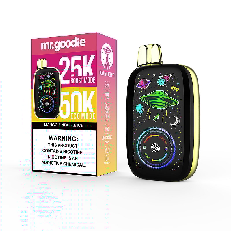 Un dispositivo de vapeo con un diseño colorido con temática espacial que incluye un OVNI y estrellas, que se muestra junto a su empaque que resalta las opciones de modo dual (25K Boost y 50K Eco Mode) y detalles de sabor ('hielo de piña y mango'), con una advertencia de adicción a la nicotina destacada.