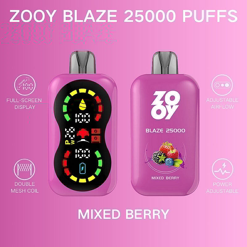 Imagen promocional del dispositivo de vapeo ZOOY BLAZE 25000 Puffs, que muestra vistas frontal y posterior, características etiquetadas que incluyen pantalla completa, flujo de aire ajustable, bobina de doble malla y capacidad de ajuste de potencia, con un enfoque de sabor a frutos del bosque mixtos y la marca del logotipo sobre un fondo rosa.