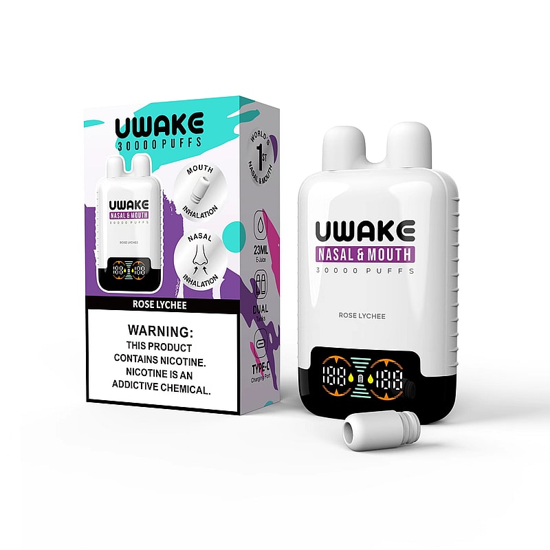 Product image showing a UWake Nasal & Mouth vaping device and its packaging labeled 'Rose Lychee,' featuring dual inhalation options, a digital display, and a nicotine warning notice.