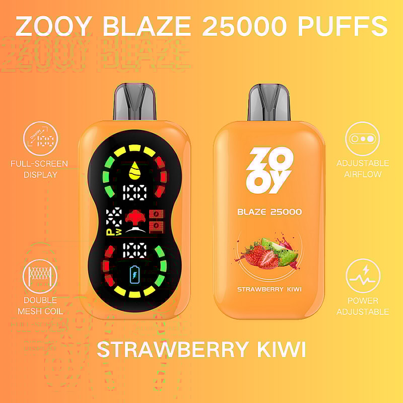 Dos dispositivos de vapeo de color naranja etiquetados como 'Zooy Blaze 25000 Puffs', con pantalla completa, flujo de aire ajustable, ajuste de potencia, bobinas de malla doble e imágenes de sabor a fresa y kiwi.