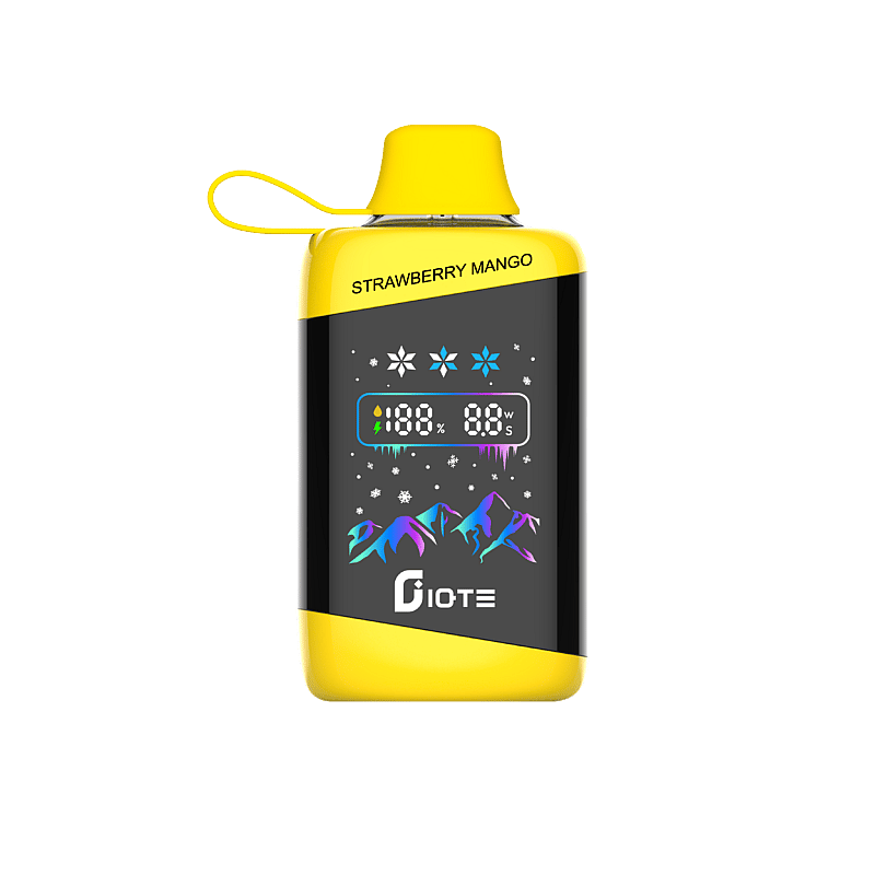 Eine leuchtend gelbe Flasche mit der Aufschrift „Erdbeer-Mango“ und einer Anzeige mit Prozentwerten und winterlichen Grafiken.