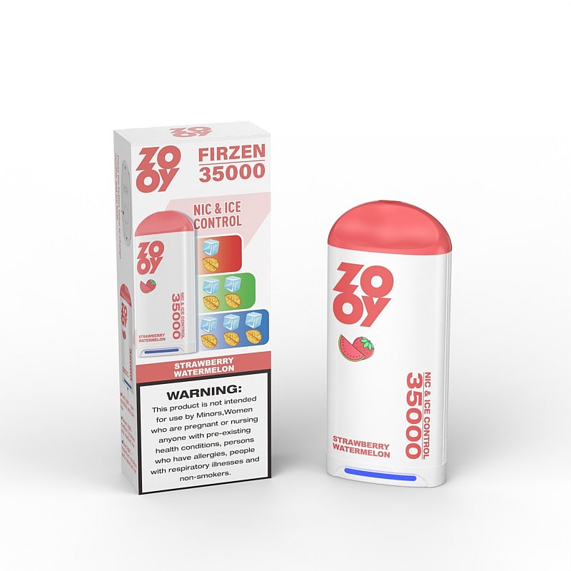 Un dispositivo de vapeo junto con su empaque etiquetado 'ZOZOY Firzen 35000' con sabor a fresa y sandía con niveles de nicotina y hielo personalizables.
