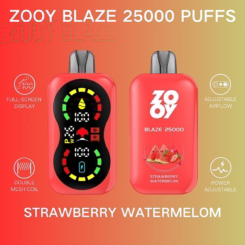 Dos dispositivos electrónicos de vapeo de color rojo etiquetados como 'Zooy Blaze 25000 Puffs' con características que incluyen flujo de aire ajustable, bobina de malla doble y ajuste de potencia; uno con una pantalla y el otro con un gráfico de sabor a fresa y sandía.