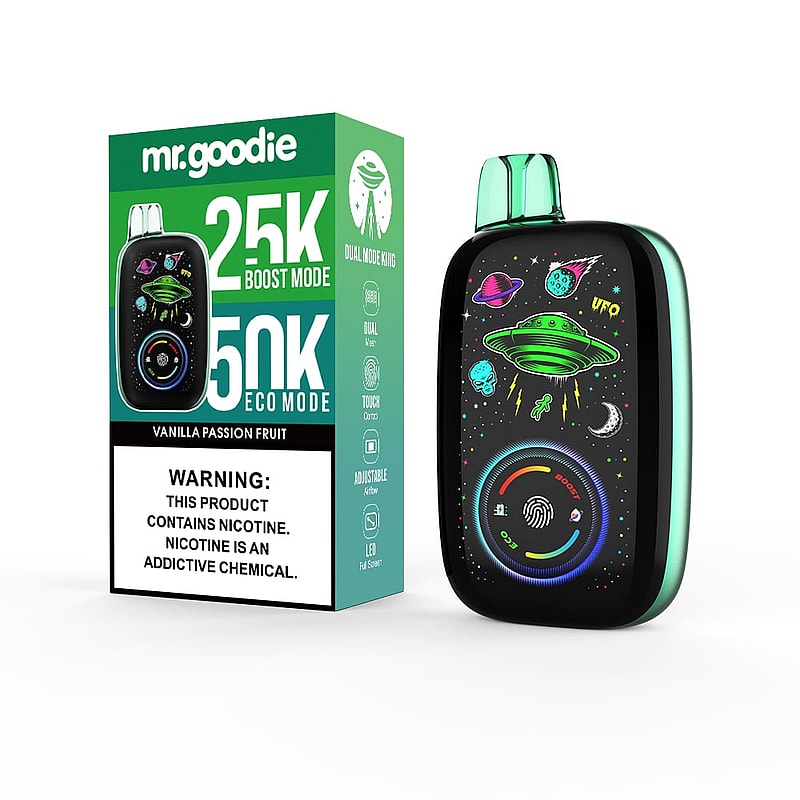 Se muestra un dispositivo de vapeo Mr. Goodie y su empaque, con gráficos coloridos con temática espacial, incluido un OVNI verde, planetas y estrellas, con texto que resalta las capacidades de modo dual del dispositivo (modo Boost de 25K, modo Eco de 50K) y una advertencia sobre la naturaleza adictiva de la nicotina.