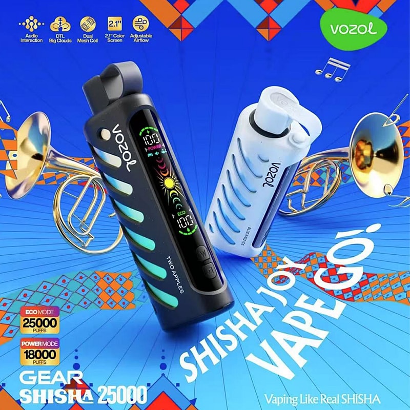 Färgglad reklam med två Vozol vape-enheter med blåmönstrad bakgrund och musikaliska element, som framhäver funktioner som en 2,1" färgskärm och justerbart luftflöde.