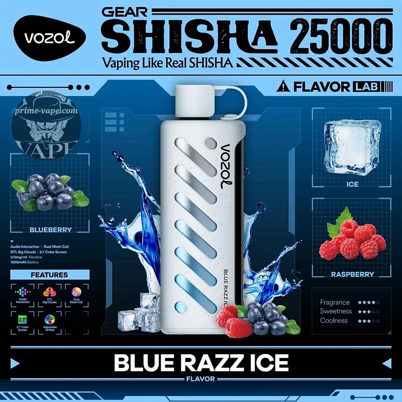 Kampanjbild för Vozol Gear Shisha 25000 med en vaping-enhet med Blue Razz Ice-smak, framhävd av blåbär, hallon, iselement och olika funktioner som dubbel mesh-spole och färgskärm.